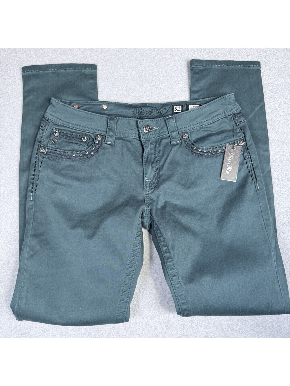 Miss Me Women's Size 31 Skinny Jeans MP7555S‎ rare color, teal Denim Embroidered